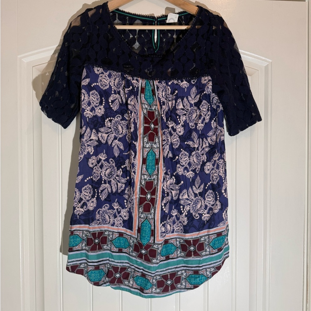 Akemi and Kin Anthropologie Floral Patterned Boho Navy and Teal Women's Top